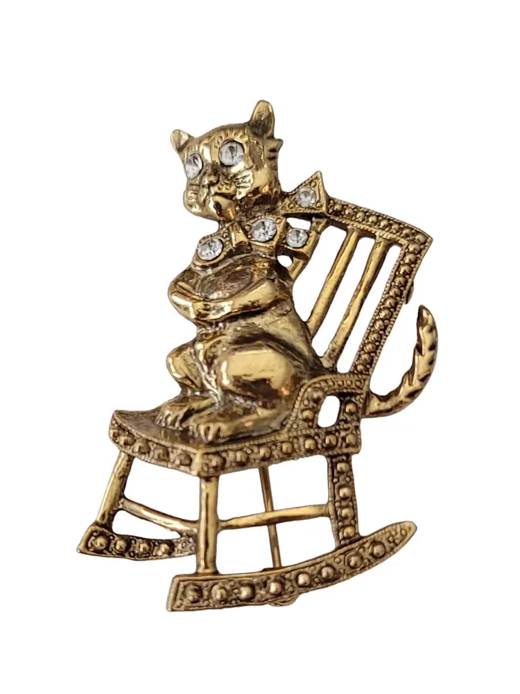 1928 Brand Clear Rhinestone Cat in  Rocking Chair Brooch Pin E638