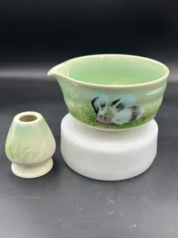 Hand Painted Ceramic Matcha Bowl Set Light Green With Three Guinea Pigs Having A Snack Design