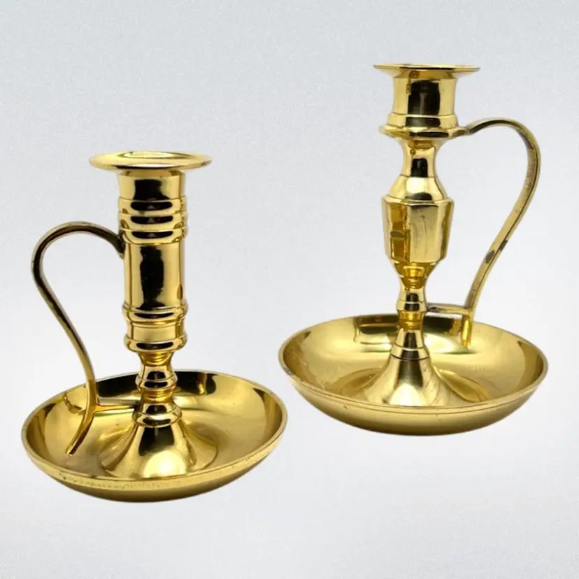 Pair Brass Candlestick Holders. Made in India. Two Different Styles. Gorgeous Curved Handles.
