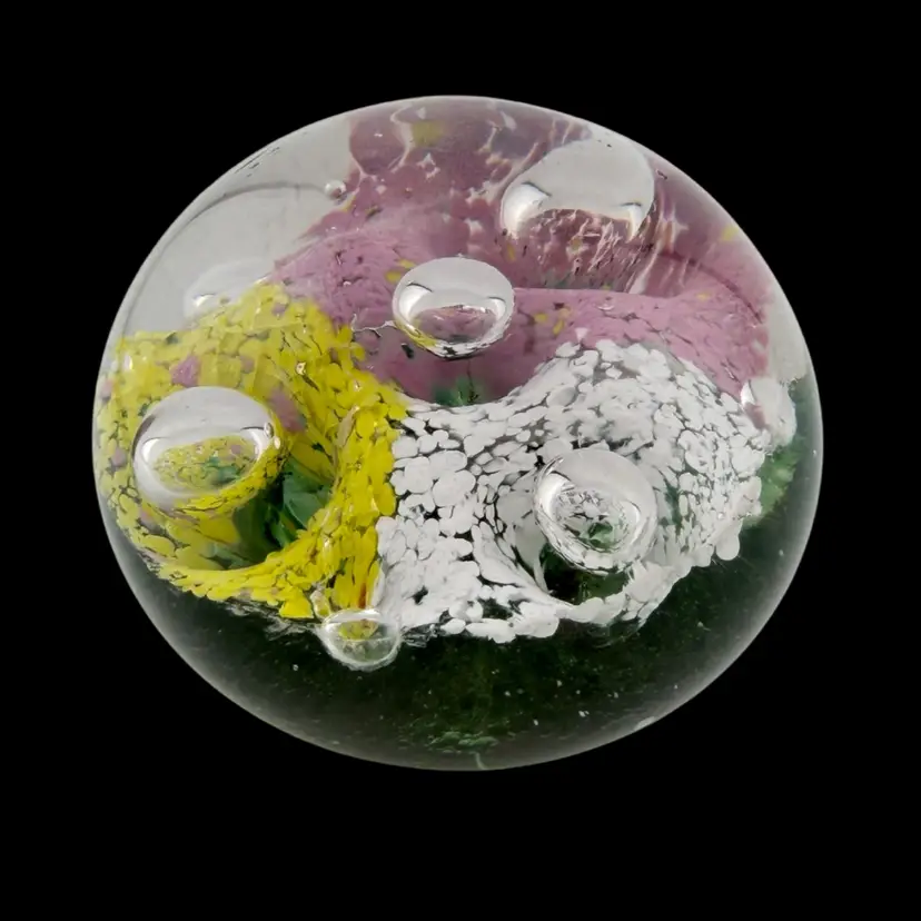 Large Controlled Bubble Paperweight Multicolor Trumpet Flowers With Green Base 3 1/2 X 2 1/2"