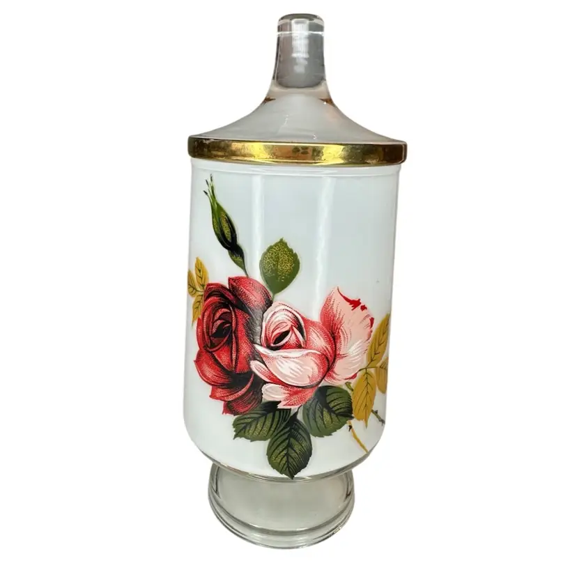 Vintage West Virginia Glass White Frosted Apothecary Jar With Lid Gold Trim Hand Painted Roses