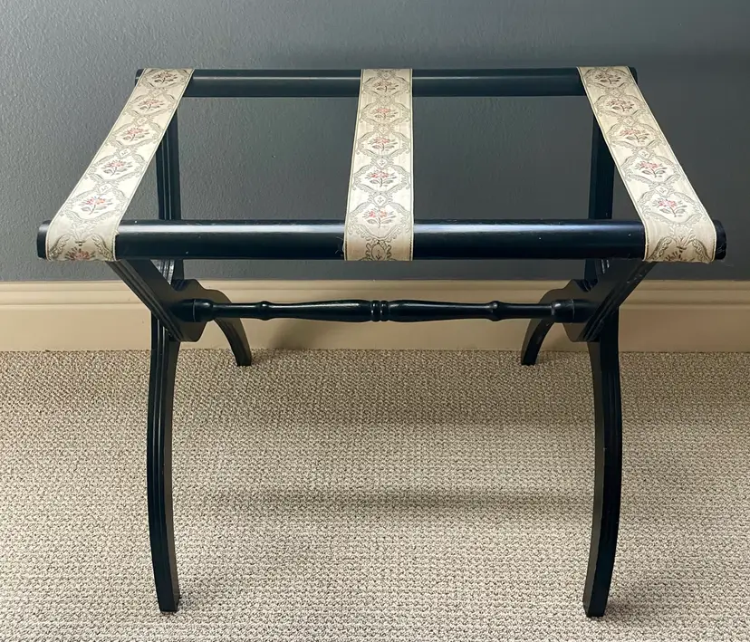 Wooden Folding Luggage Suitcase Rack Curved Legs with Floral Tapestry Straps