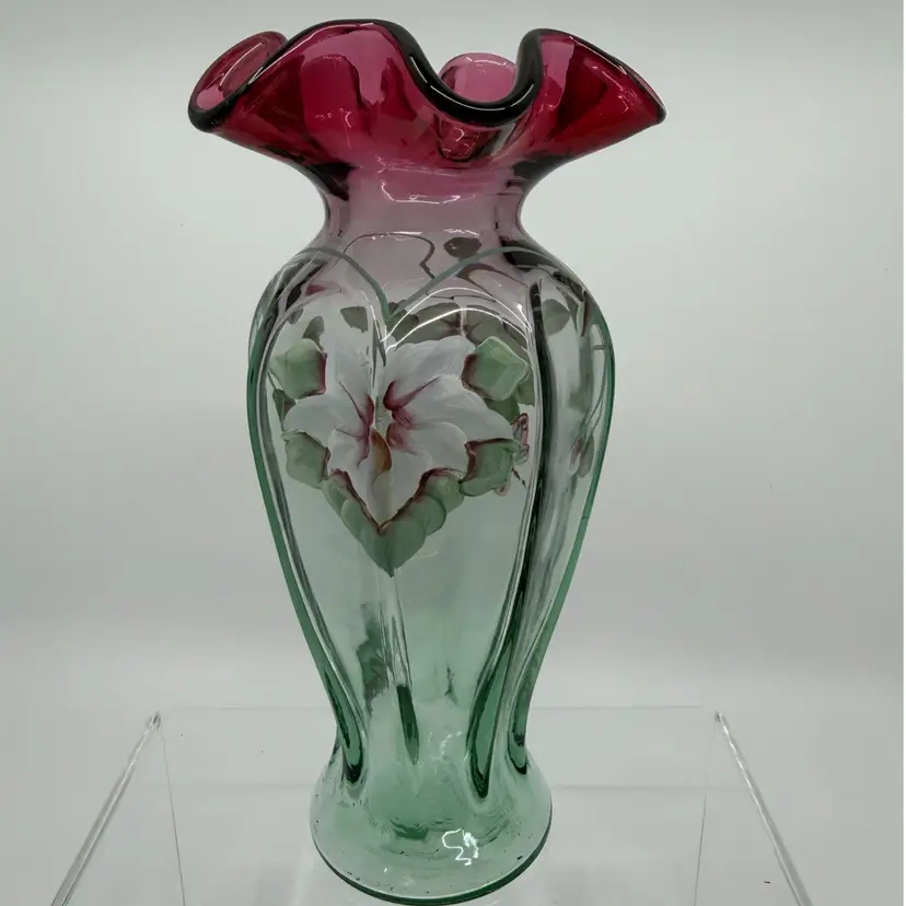 Vintage Fenton Rubina Verde Floral&Dragonfly Vase LTD ED 925/1750, Signed 8”