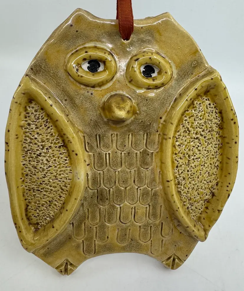 Vintage MCM Studio Pottery Owl 7" Wall Plaque - Signed Artist Mark - 15oz Heavy