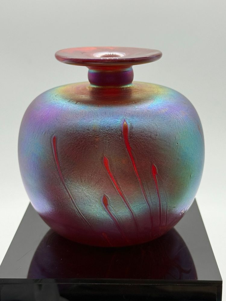 Stephen Fellerman Ruby Art Glass Heavy Iridescence Small Mouth Vase