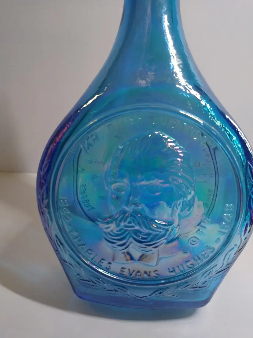 Wheaton Charles Evans Hughes Blue Carnival Glass Bottle Retro 1971 Vintage