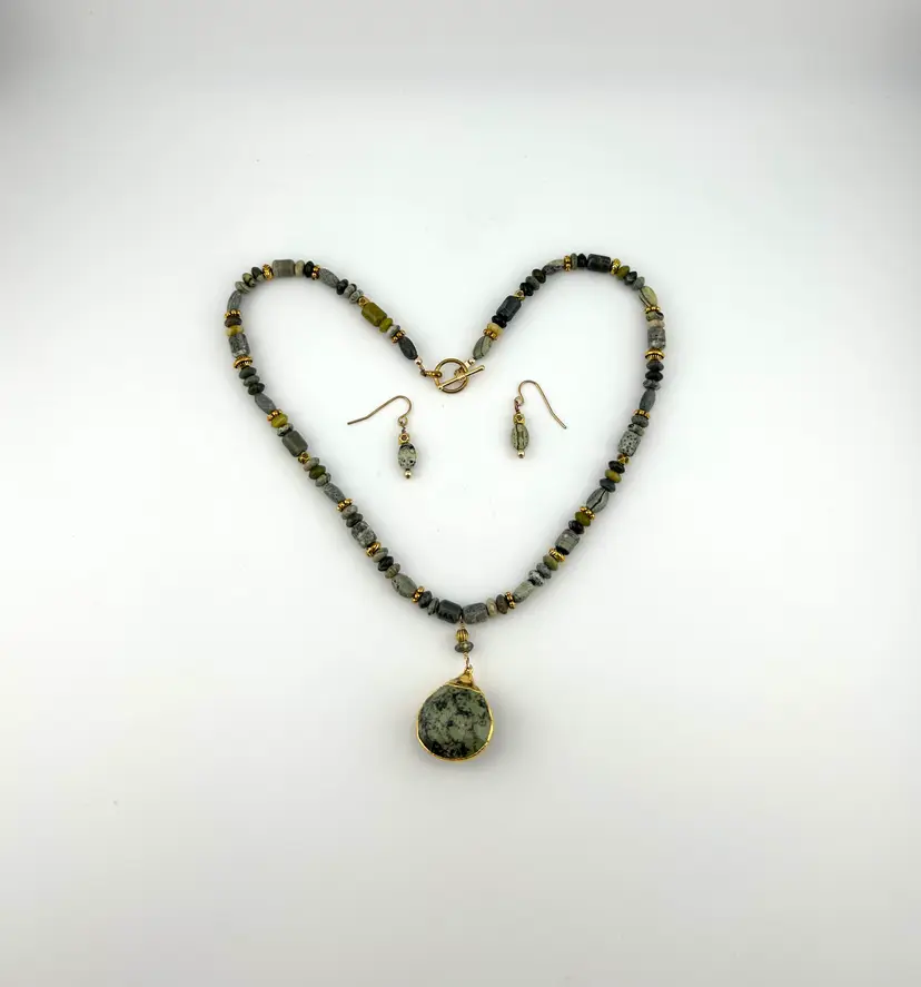 Phrenite and Moss Agate Gold Tone Beaded Necklace and Earring Set Made By Me