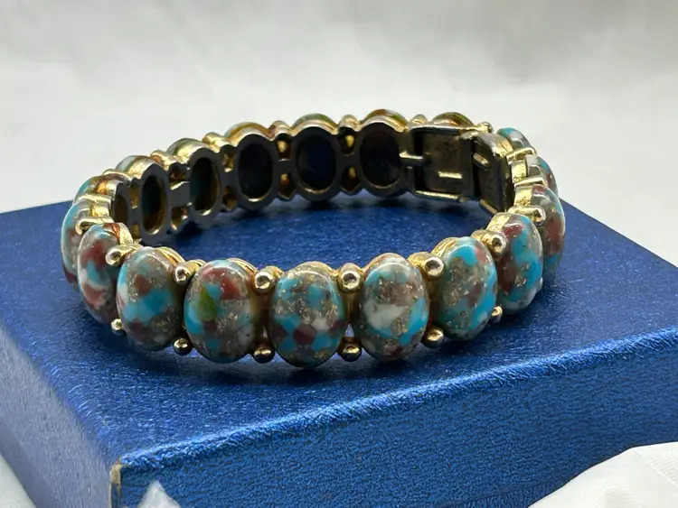 Vintage Signed Har Rare Hinged Bracelet Blue Dinosaur Egg Cabochons Goldtone Metal