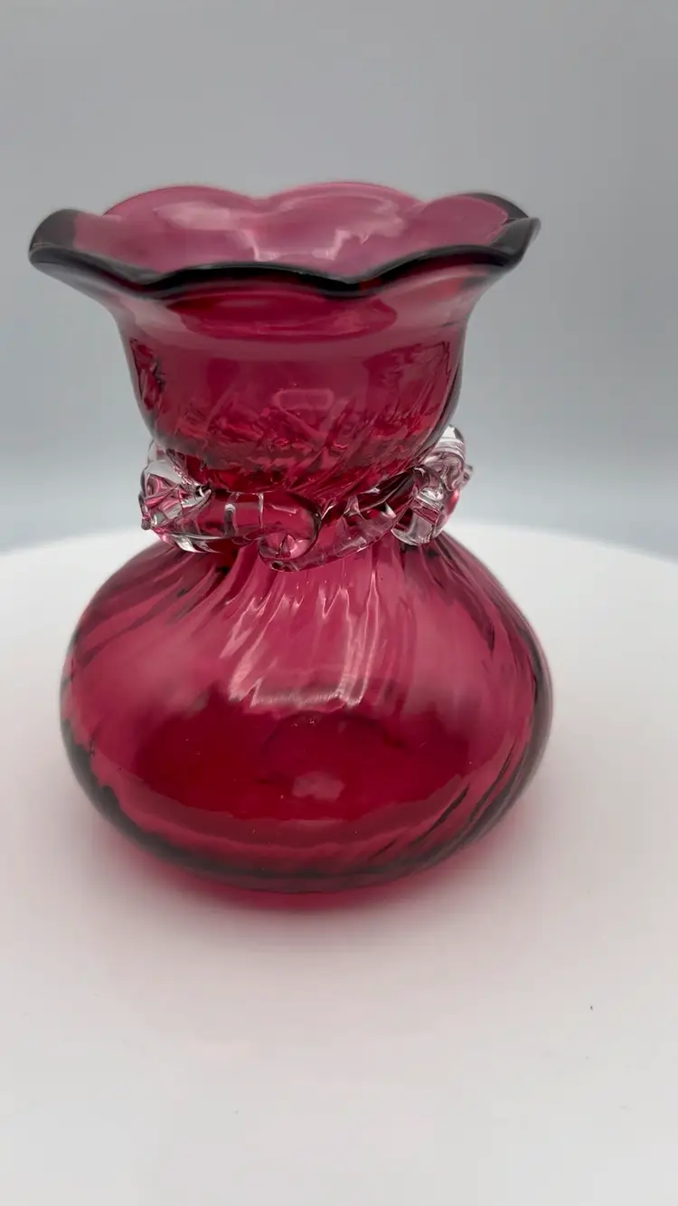 Pilgrim Glass Cranberry Swirl Bud Vase.