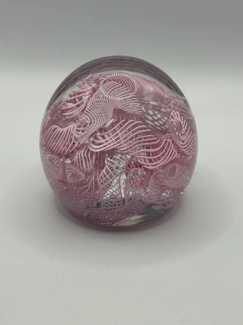 Vintage Murano Paperweight With White & Pink Ribbons.