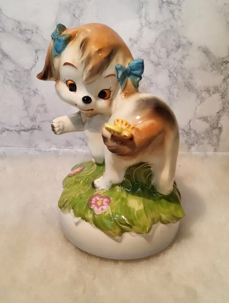 Kitschy Cute Lefton Puppy Musical Figurine