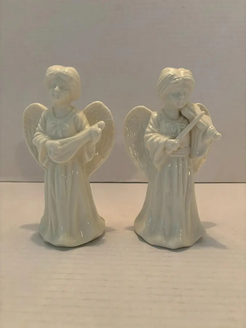 Vintage White Angels Candle Holders Set of 2 Playing Instruments Ceramic Unbrand