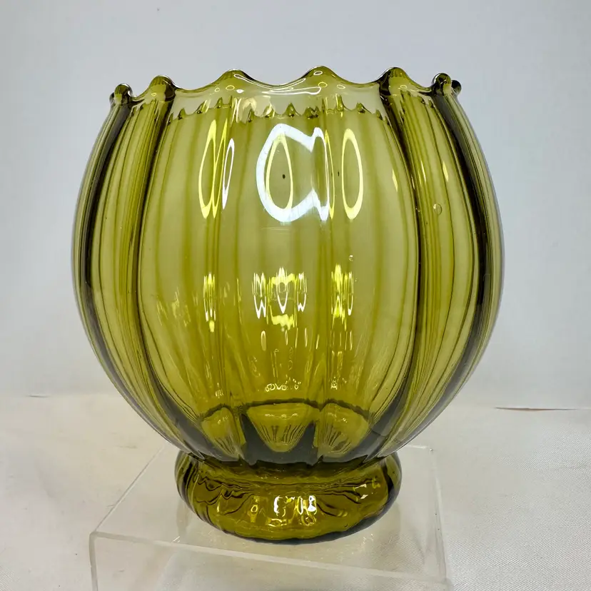 Schmid Empoli Olive Green Art Glass Round bowl Vase Ribbed Optic Scalloped Rim