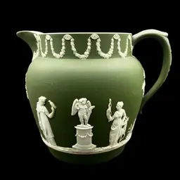 #229A Large Antique Wedgwood Green And White Jasperware Pitcher With Neoclassical Figure Design 
Stamped on Bottom Wedgewood and England
Also 12 And a *