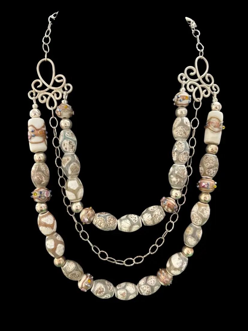 #01 90. Artisan Sterling Silver Ceramic Art Glass Necklace – 25 Inches