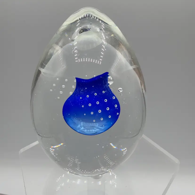 Hut Princ Art Glass Egg Shaped Blue Paperweight Czech Republic