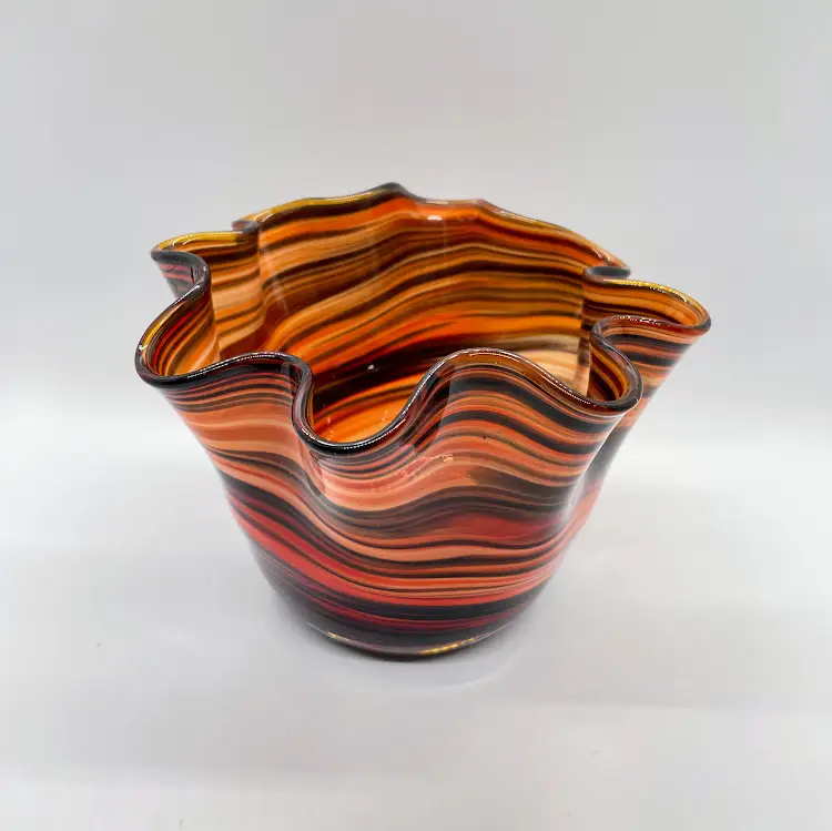 Pier 1 Blown Glass Red Orange Black Twist Swirl Ruffle Vase Bowl Murano Style