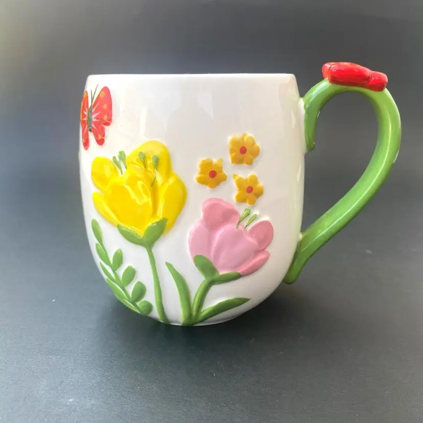 LANG BUTTERFLY FLOWER GARDEN COFFEE TEA MUG RAISED DESIGN HAND PAINTED