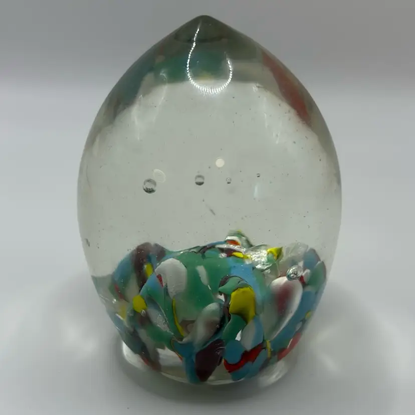 Blown Glass Paperweight 3” Tall 2” Across Polished Bottom No Signature Bubbles Floating One Small Scratch As Pictured