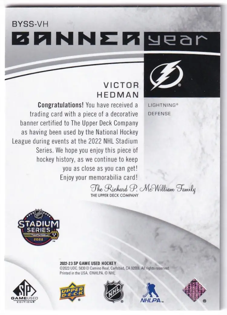 2022-23 SP Game Used '22 Stadium Series Banner Year Relics #BYSSVH Victor Hedman Tampa Bay Lightning Hockey Card