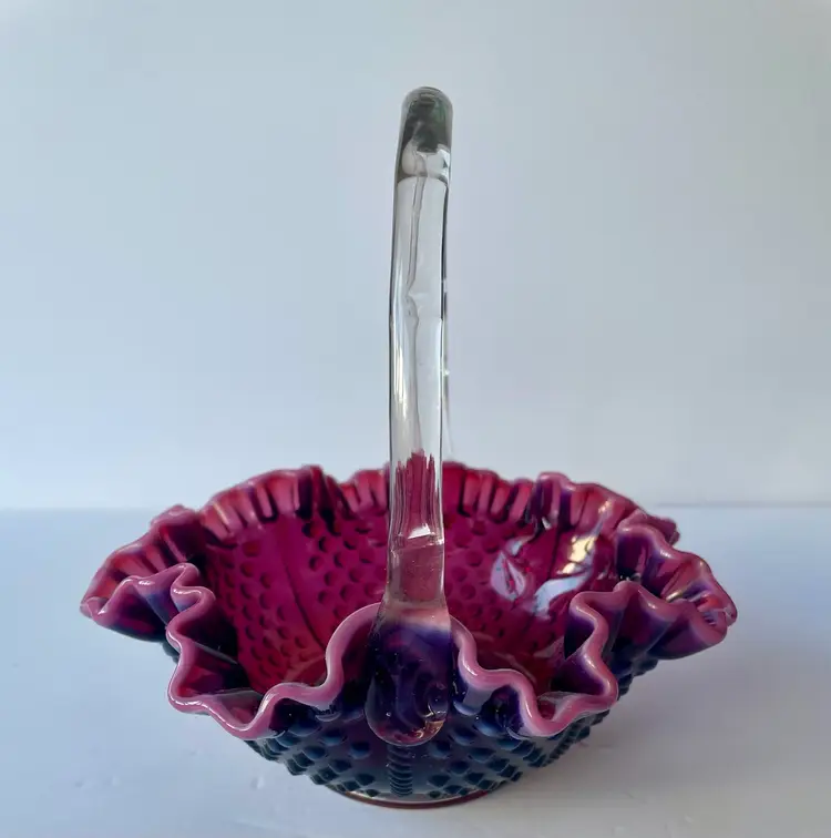 Fenton Plum Opalescent Hobnail Crimped Edge 8” Basket - Vintage - Purple