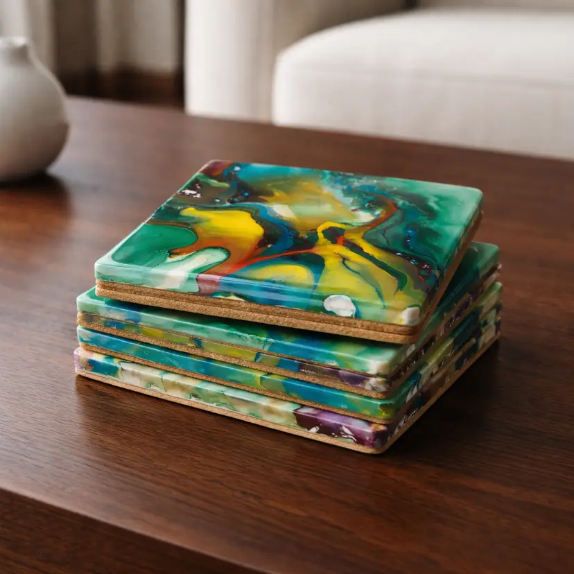 Ceramic Tile Coasters with Handcrafted Acrylic Pour, 4"x 4"