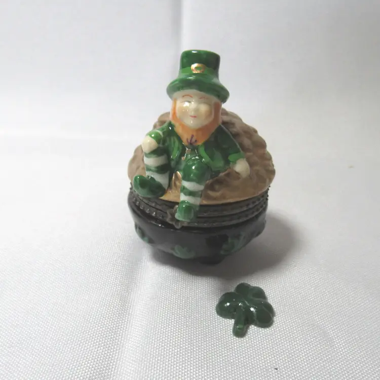 Porcelain Leprechaun on Pot of Gold Hinged Trinket Box w/ Shamrock Trinket