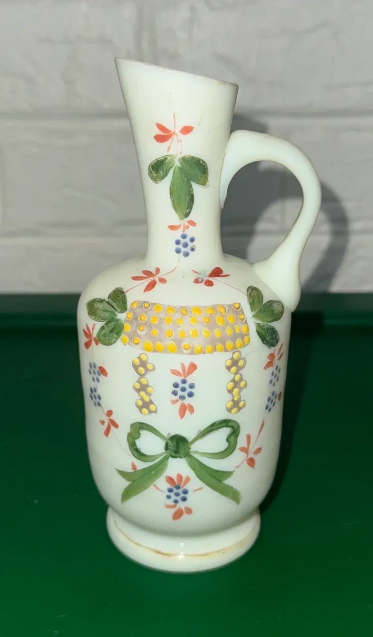 Victorian Pale Green Custard Satin Uranium Glass Vase/Ewer - Hand Painted 7”