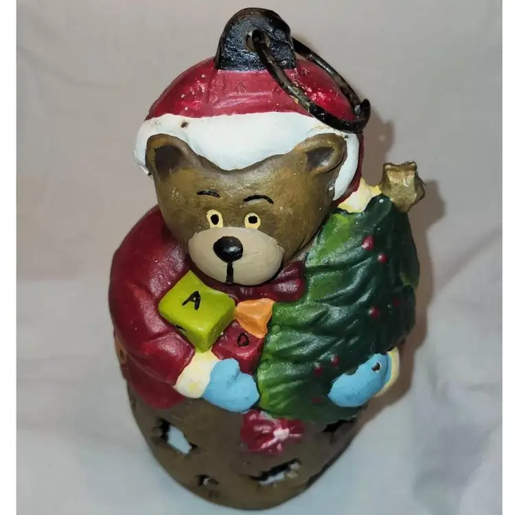 Vintage Cast Iron Hand Painted Christmas Bear Candle Tealight Lantern