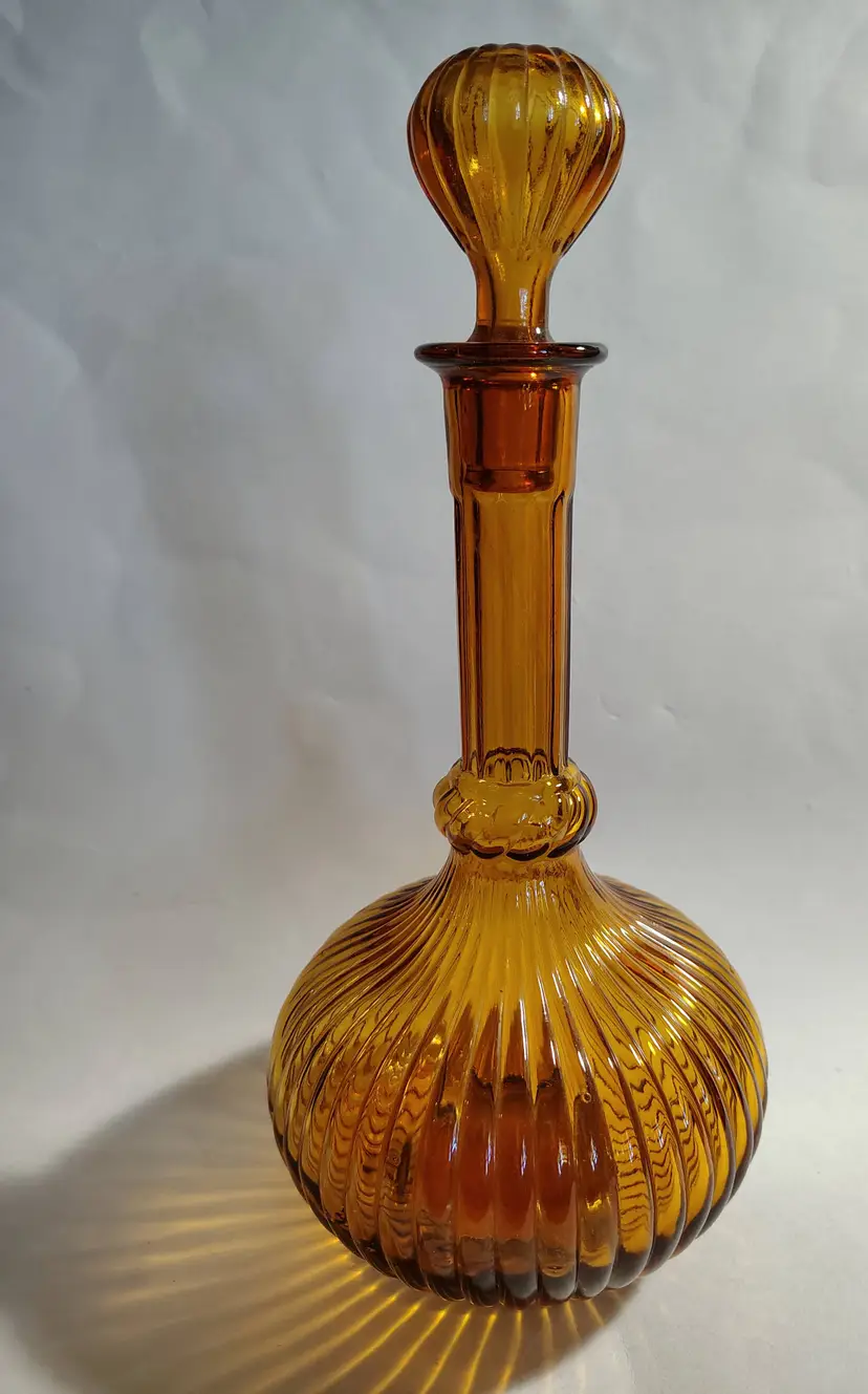 Vintage MCM EMPOLI, Ribbed Amber Glass Genie Bottle with Stopper
