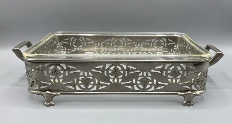 Pyrex Glass Baking Dish & Metal Farberware Holder with Feet and Handles - Vintage