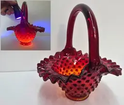 Vtg Fenton Glass Hobnail Basket Amberina Ruby Red Ruffled 7.5” Glows! Ron Bayles.