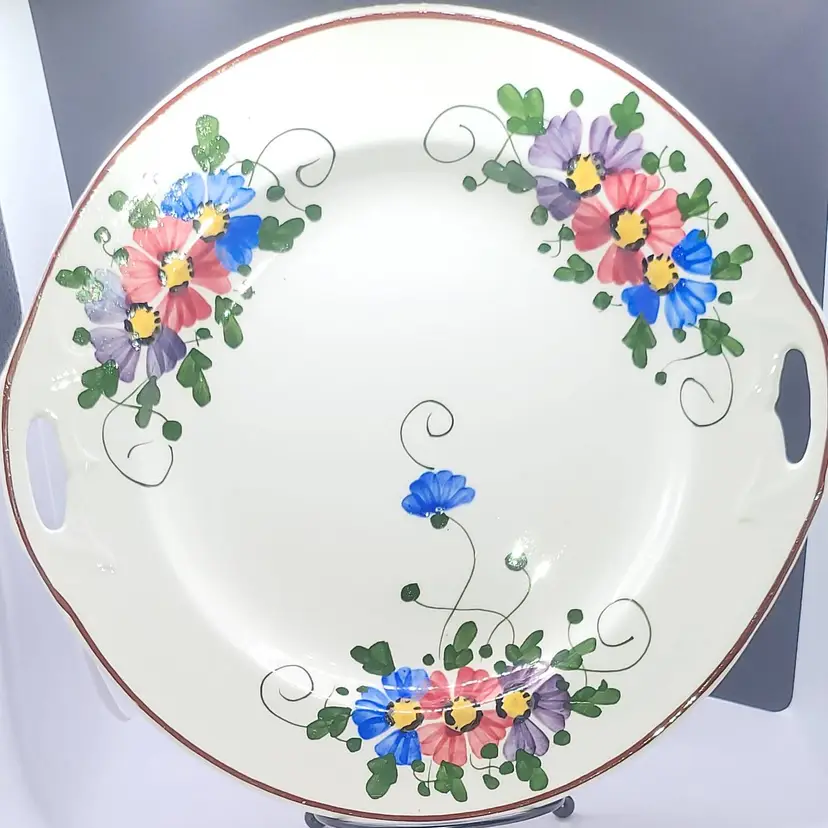 Vintage Hand Painted Floral Handled Ceramic Serving Plate 10.75" Made in Germany