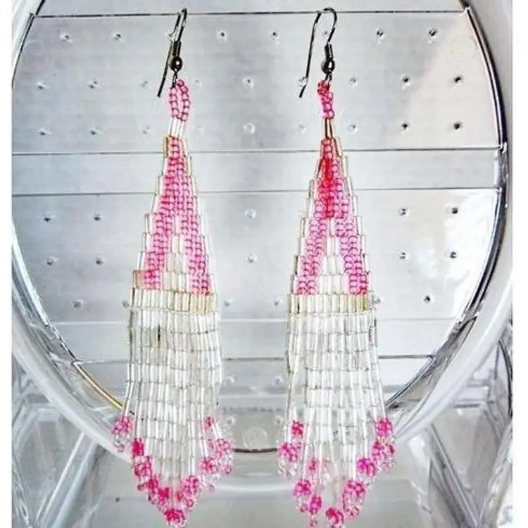 Bohemian pearly white and pink beaded fringe earrings.