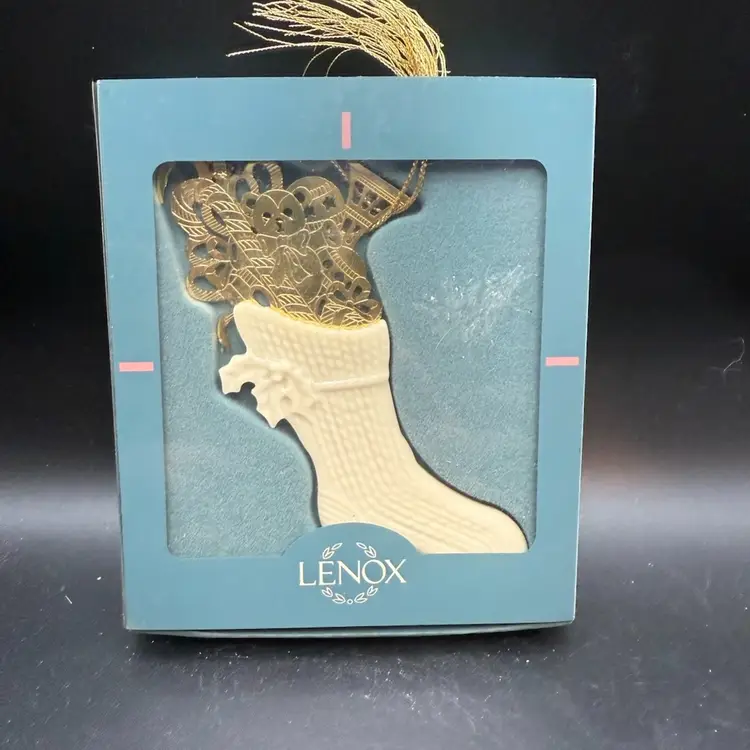 Lenox Porcelain And Gold-Toned Metal Christmas Stocking Ornament In Original Box