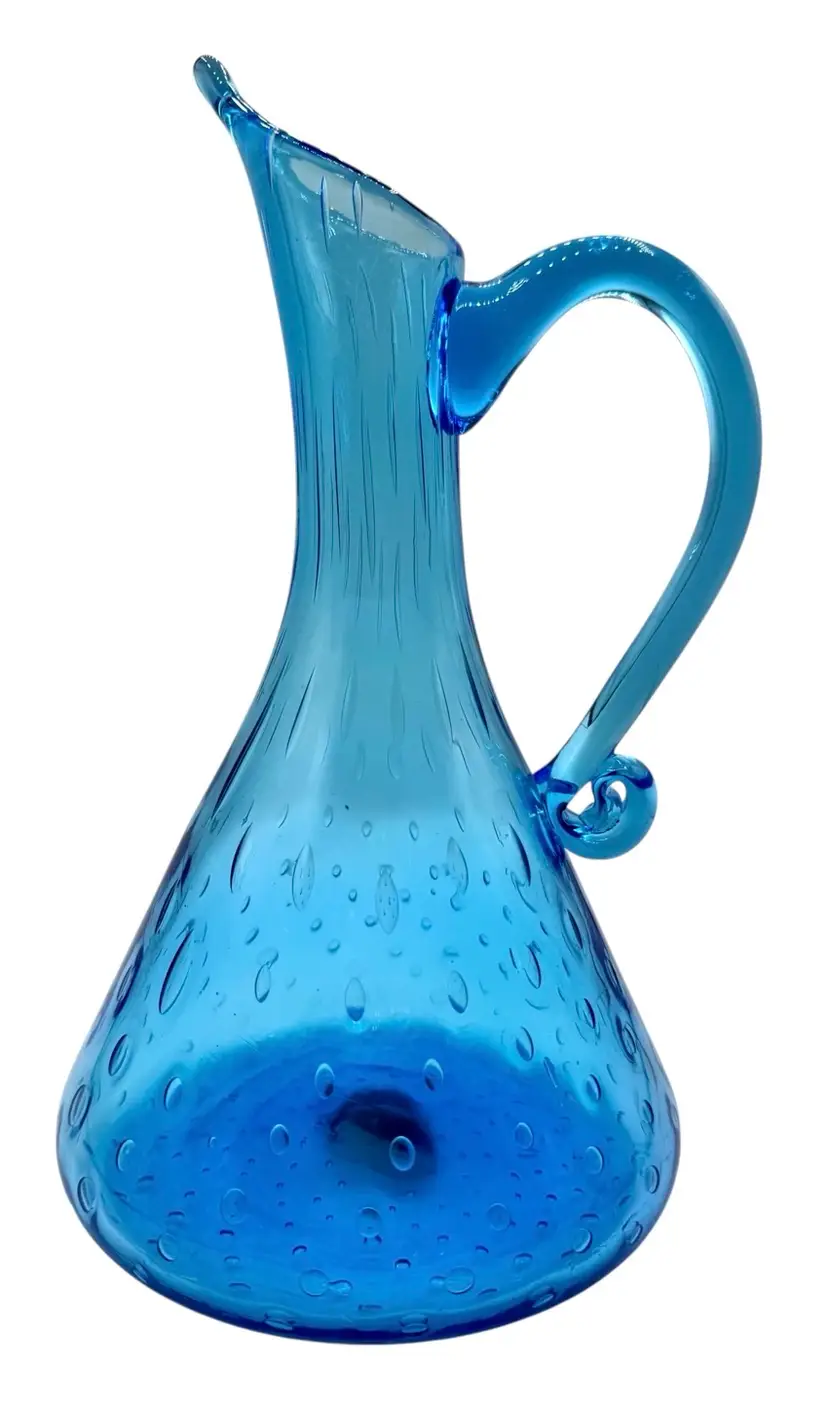 Vintage Hand Blown Glass Pitcher Carafe Blue Controlled Bubble Mid Century MCM
