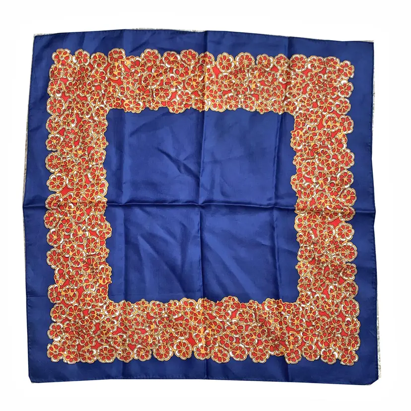 Floral Square Head Scarf Synthetic Navy Blue Red Gold Retro Vintage