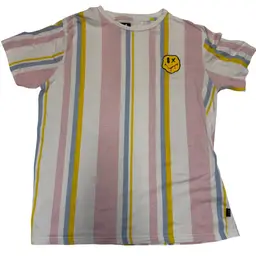 WXYZ Brand Smiley Face Embroidered Logo Pink/Blue Striped T-Shirt  Men’s- Large