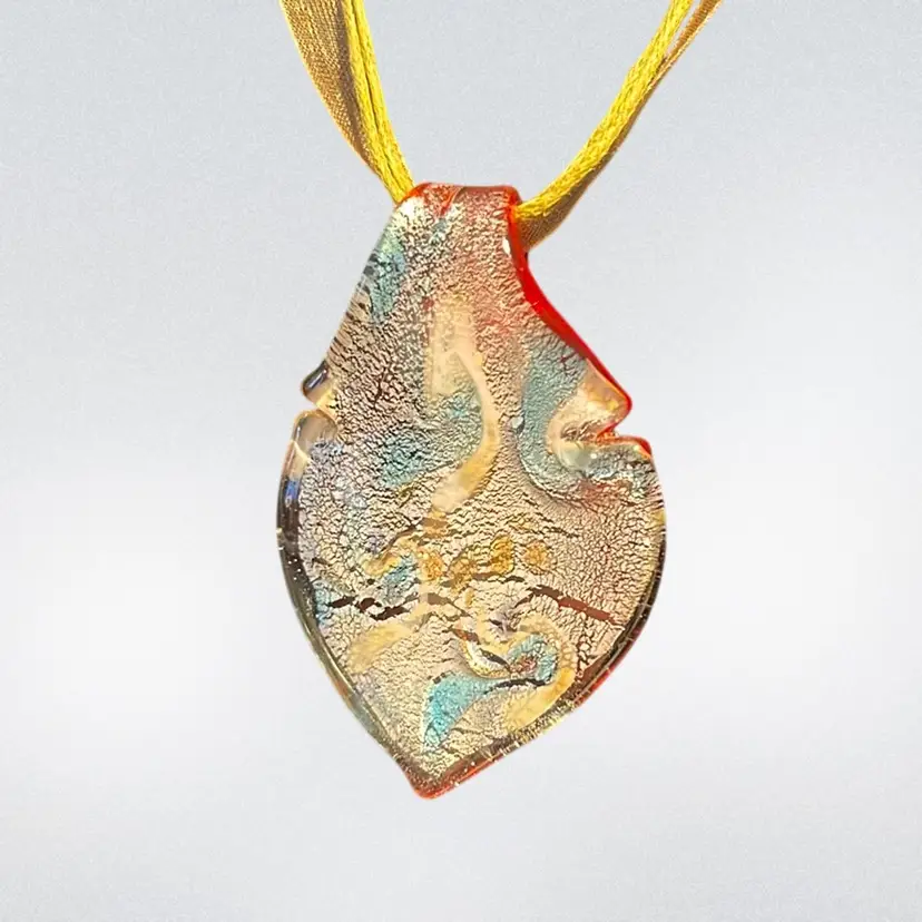 Art Glass Pendant Necklace Red, White, Gold Inclusions | 18”