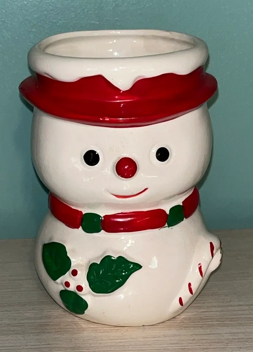 Vintage Rubens Originals Ceramic Christmas Figural Snowman w/Candy Cane Planter