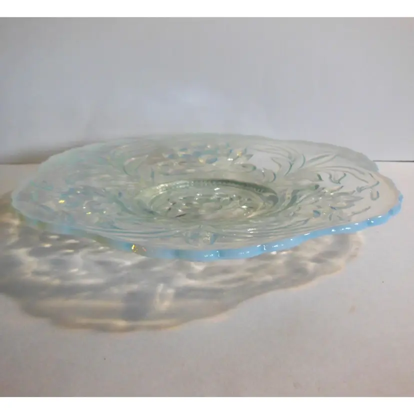 Antique Fenton Glass, Blue Opalescent Waterlily & Cattails (Pattern 8) Flat Edge Platter RARE 1908-1912