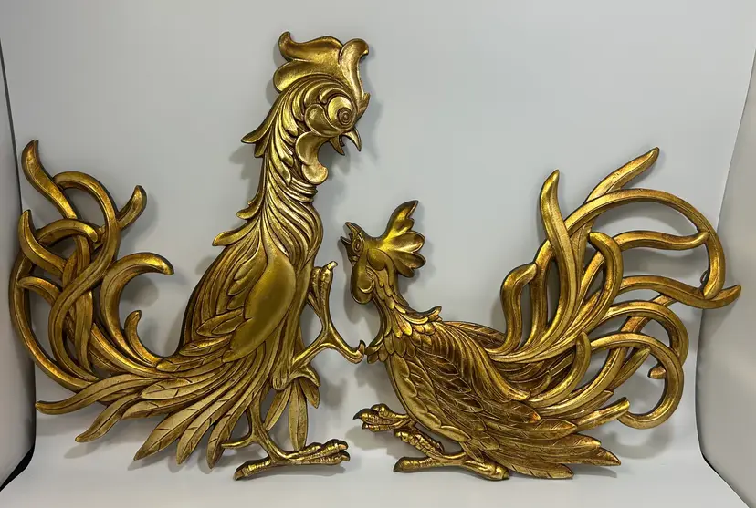 Vintage Syroco Wood Gold Paint Roosters Set of 2