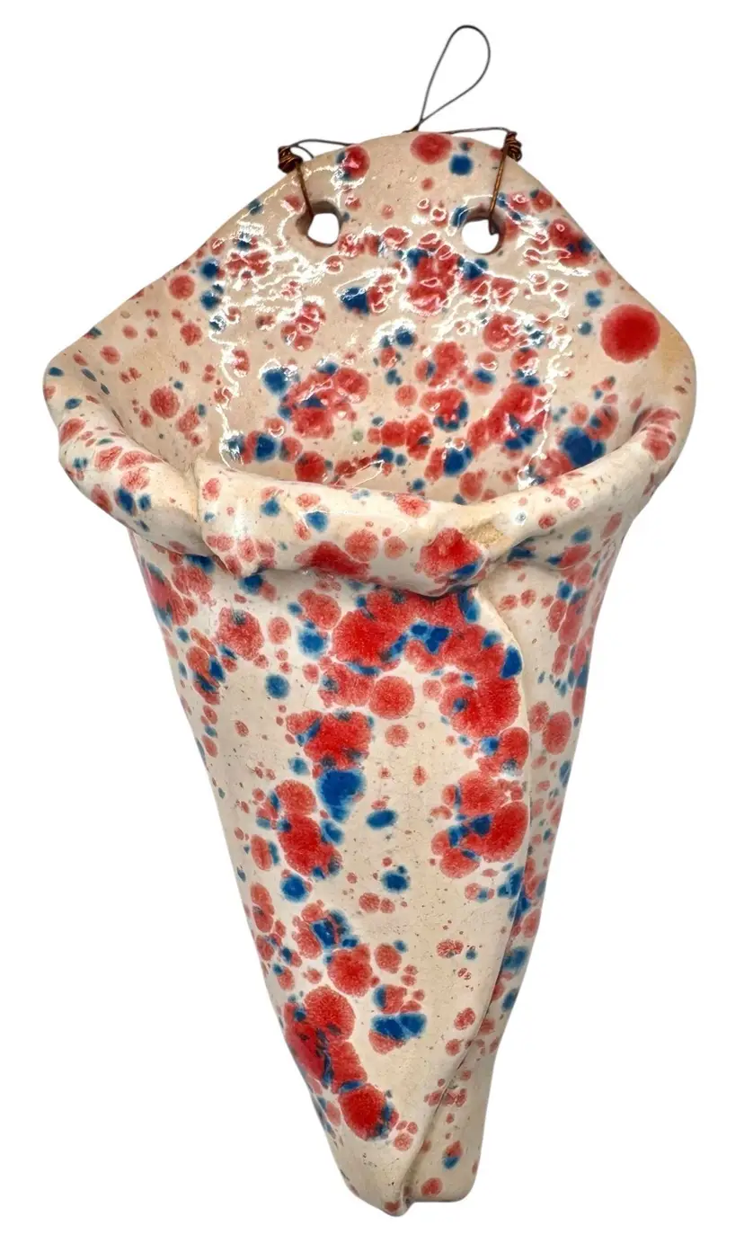 Studio Art Pottery Wall Pocket Hanging Vase Cone White Pink Blue Dot Glaze 7.5”