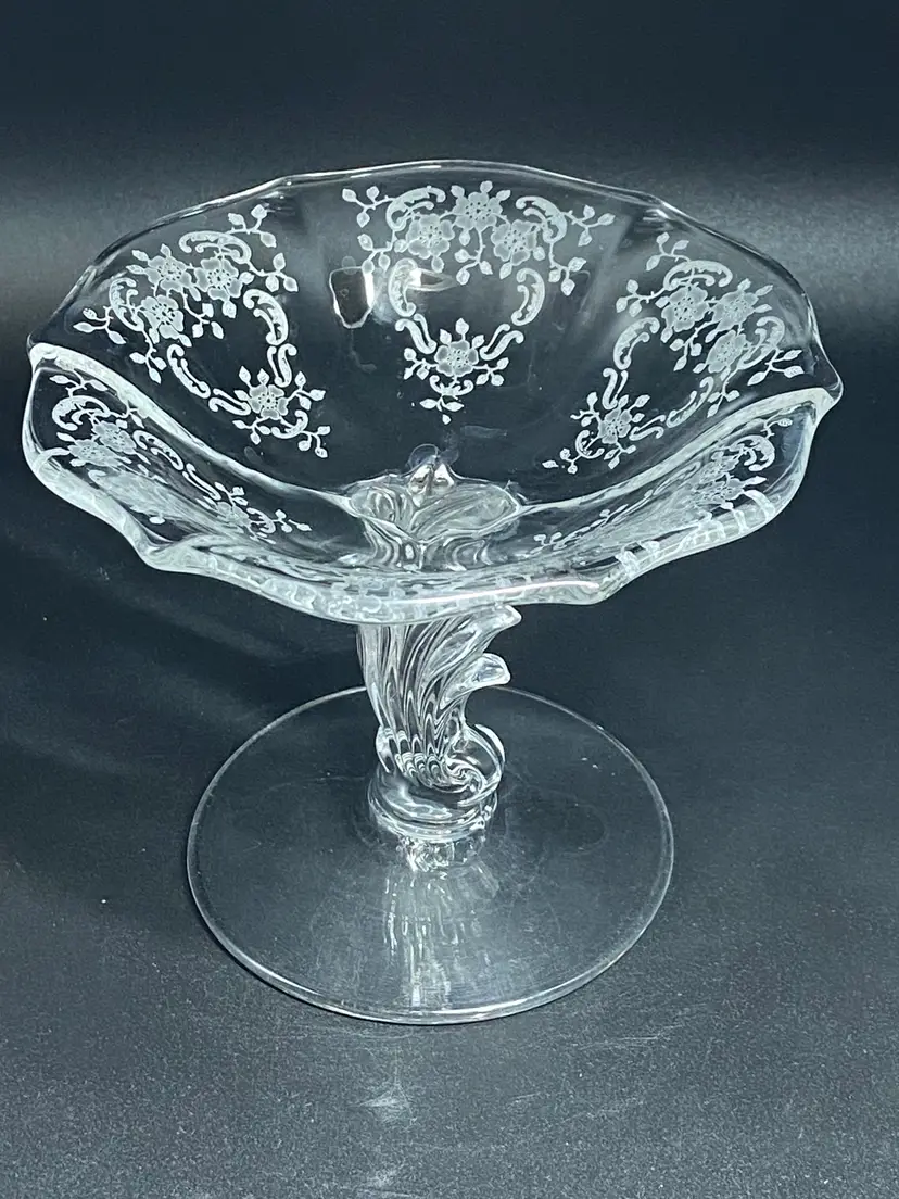 Fostoria Navarre Clear Glass Baroque Shape Etched Compote, 5" Tall