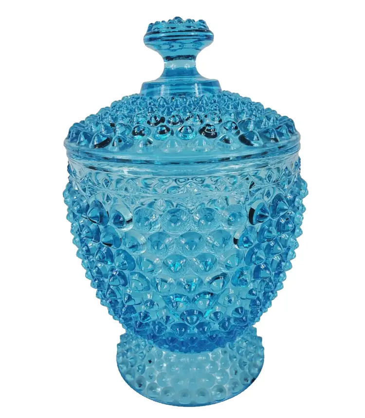 Vintage Hobnail Art Glass Jar Canister Blue W/ Lid Candy Dish 6.25" Tall