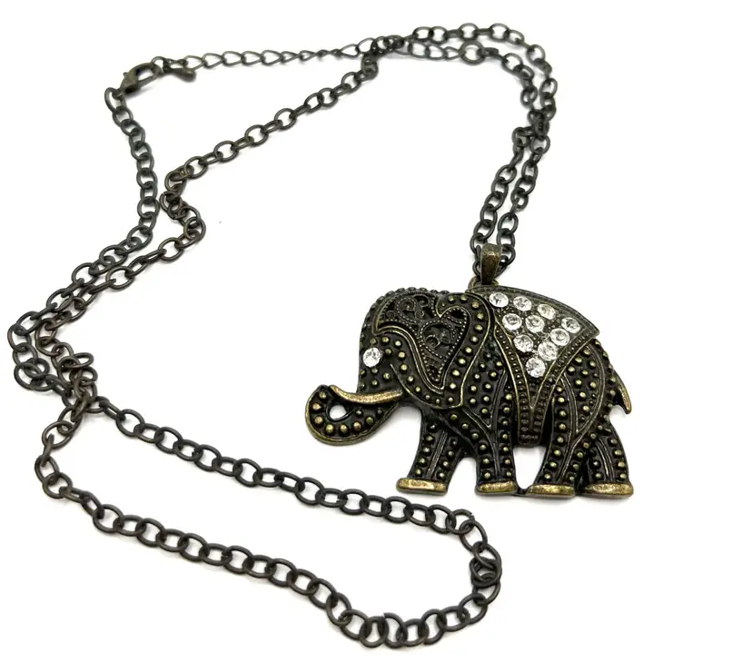 Elephant Pendant Brooch, Brass Tone Setting, Rhinestone Embellished, Long Chain