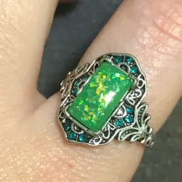 Synthetic Green Fire Opal Silver-Tone Size 8 Ring