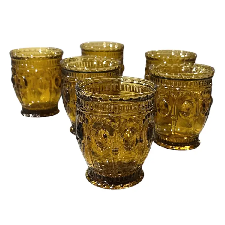 6 Retro Style Jewelry Barton Glass Amber Colored Drinking Glasses - 7 oz