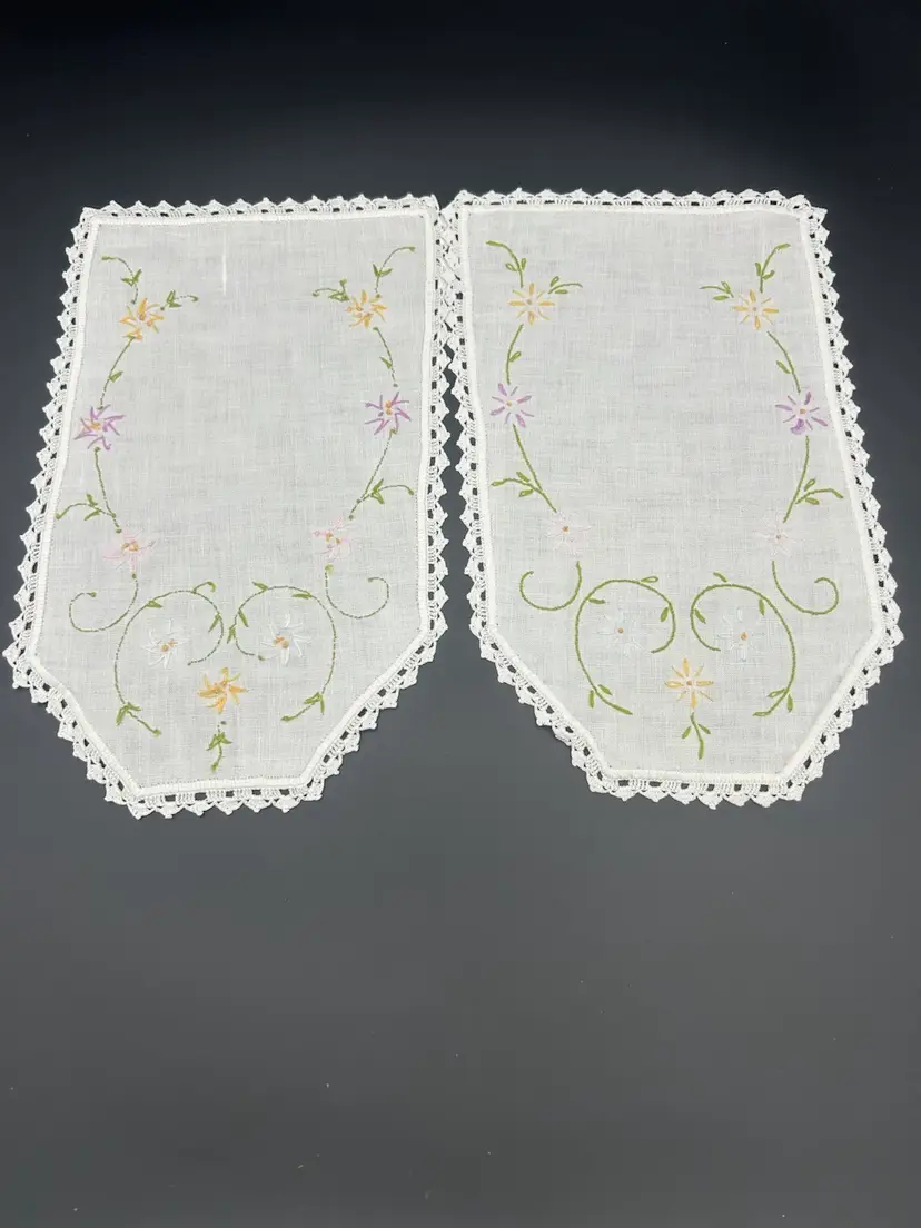 2 Embroidered Handmade Needlepoint Linen Floral Chair Arm Fabrics