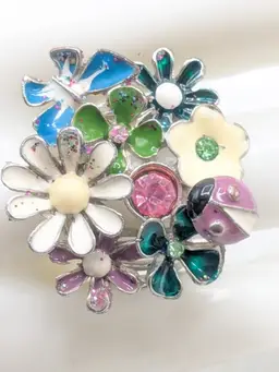 Colorful Enamel Flower and Ladybug Stretch Silver Tone Ring
